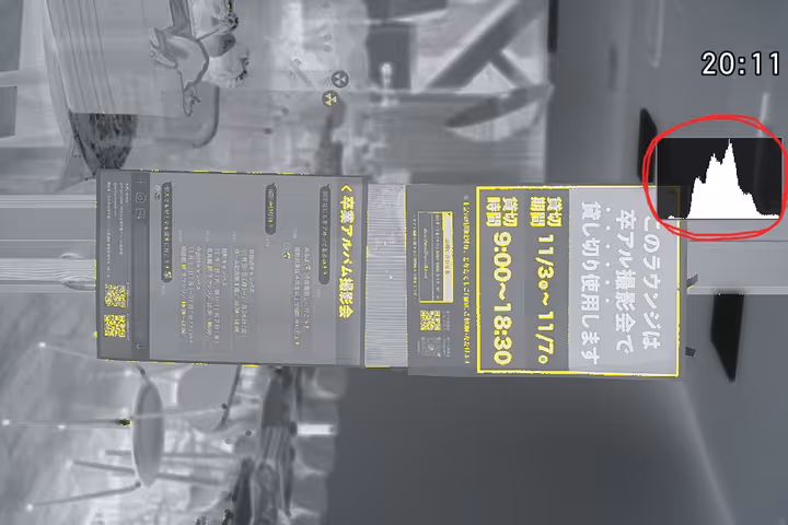 カメラのヒストグラム機能を表示した画面